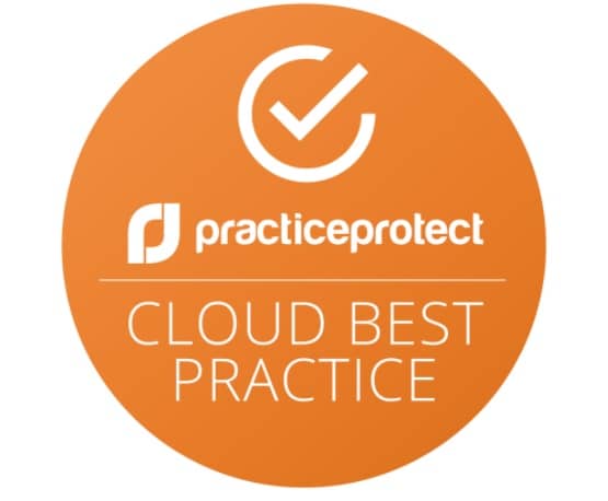 alt=", Practice Protect Logo featuring orange circle with text reading Cloud Best Practice”