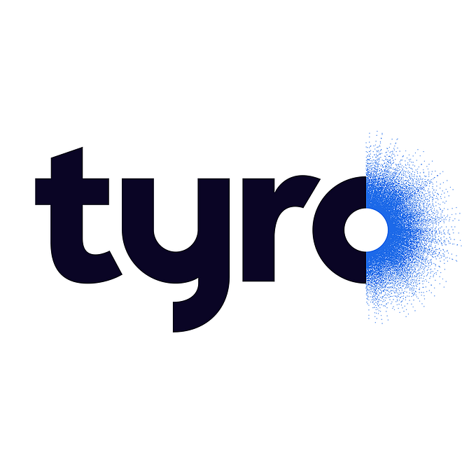 alt=”, Tyro Logo featuring black text reading Tyro with decorative blue circle as the letter O”